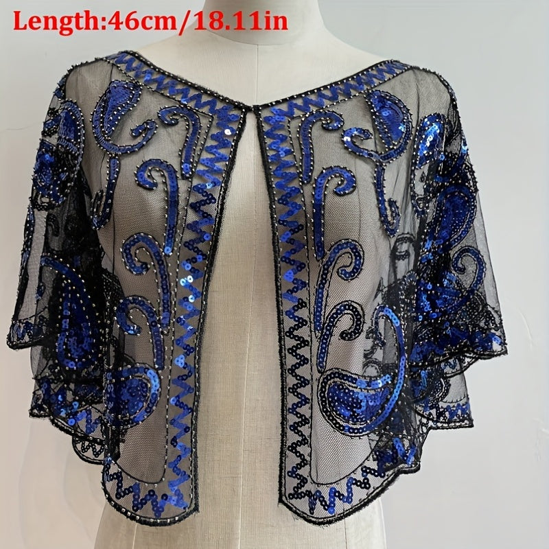 Beaded Sequin Shawl Short Mesh Capelet – Sparkle Party Wrap Cover-Up, 18 in (46 cm)