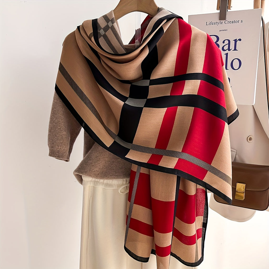 Women's Plaid Color-Block Scarf Shawl - Soft Faux Fleece Wrap, Beige Black Red Stripes, All-Season Neckwear