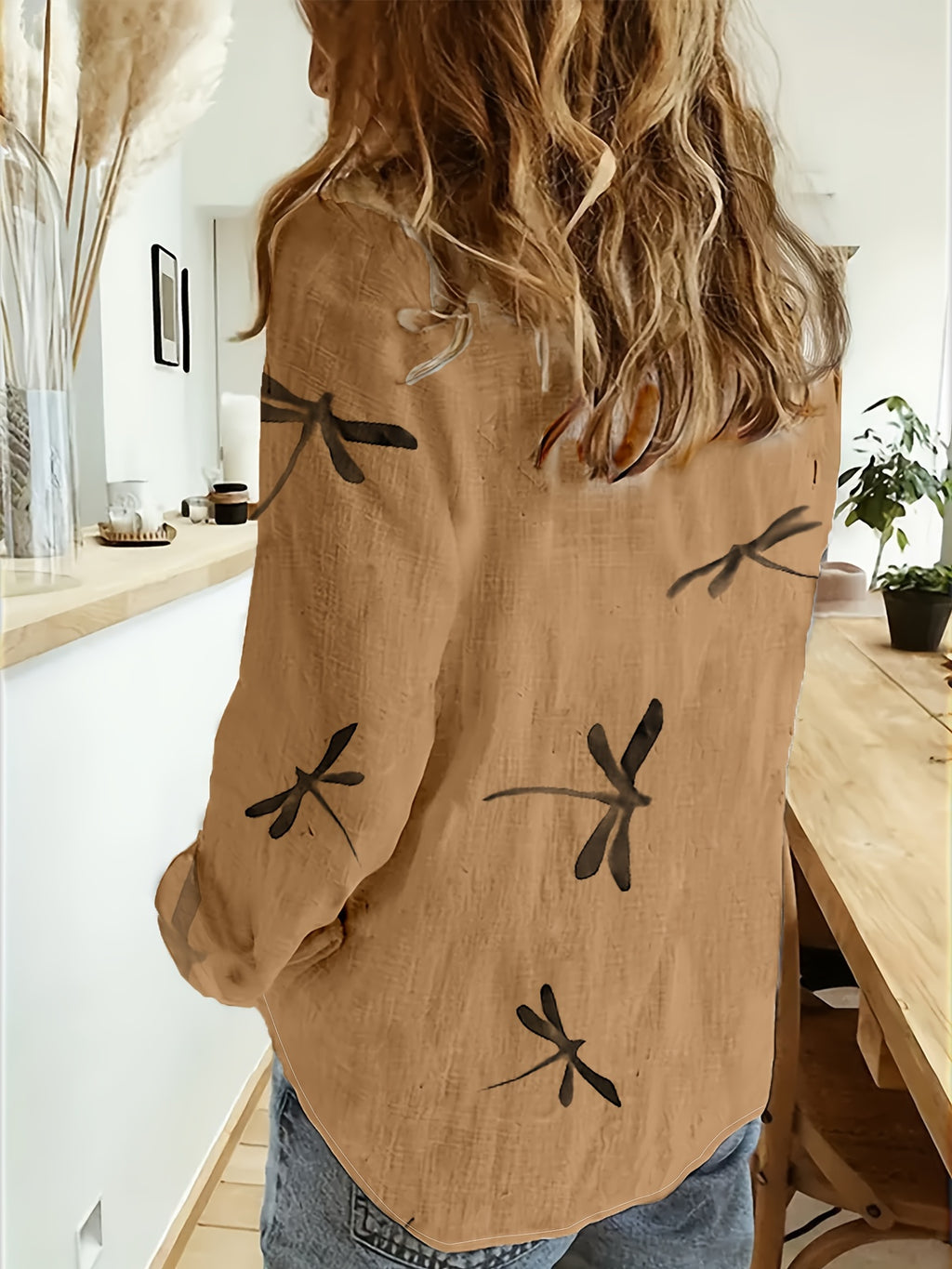 Women's Loose Fit Dragonfly Print Shirt - Lightweight Breathable Lapel Collar Blouse for Summer