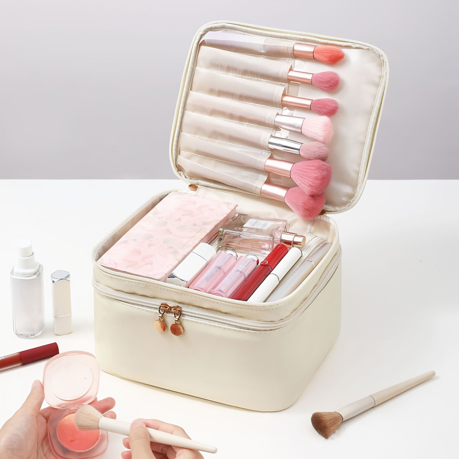 Double-Layer PU Large Capacity Travel Makeup Bag Portable Toiletry Cosmetic Organizer