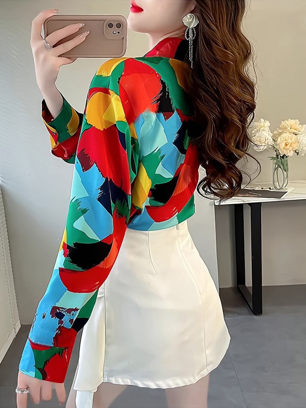 Women's Geometric Print Button-Up Blouse - Long Sleeve Lapel Collar Color Block Top for Casual & Formal Wear