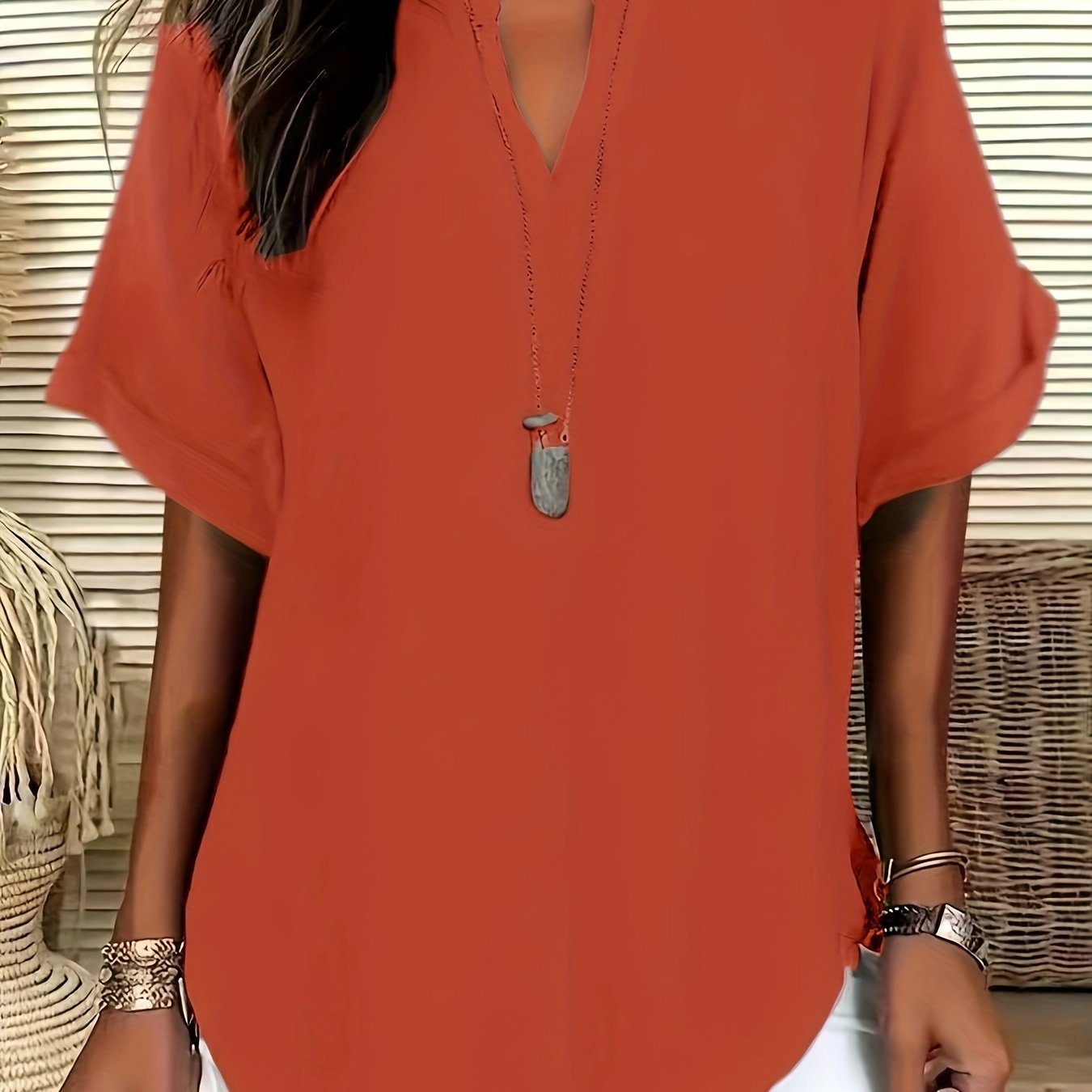 Plus Size V-Neck Blouse - Women's Short Sleeve Loose Batwing Top with Flared Hem, Stretchy Casual Shirt