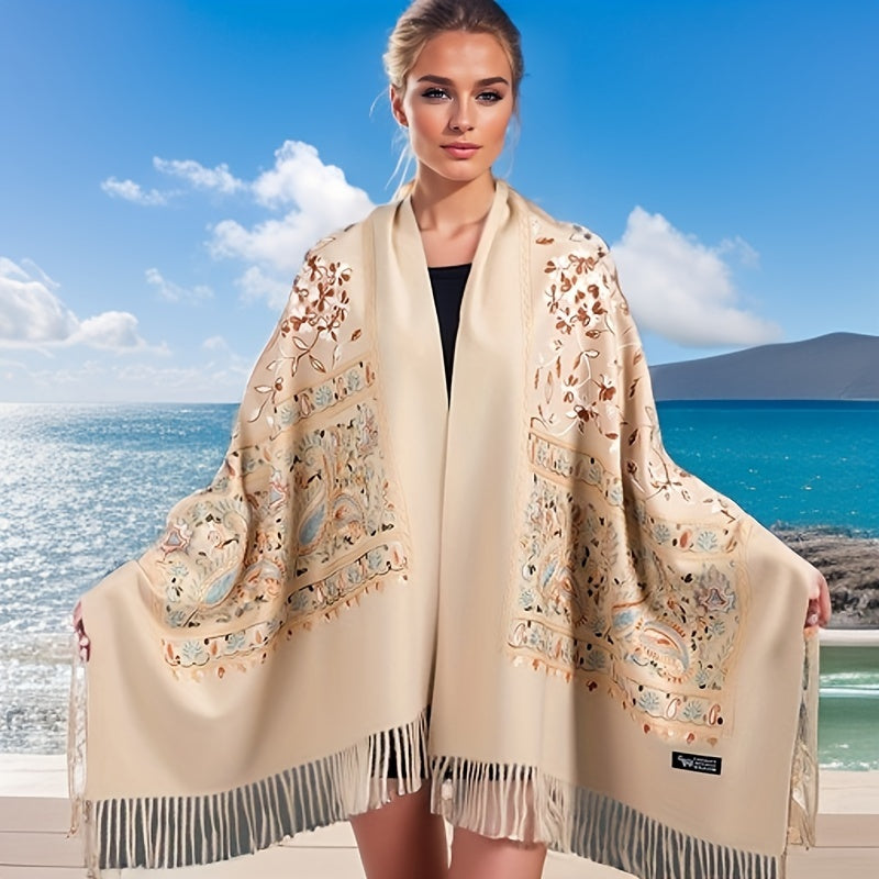 Bohemian Embroidered Floral Cashmere Scarf Shawl – Vintage Large Ethnic Wrap for Spring & Autumn