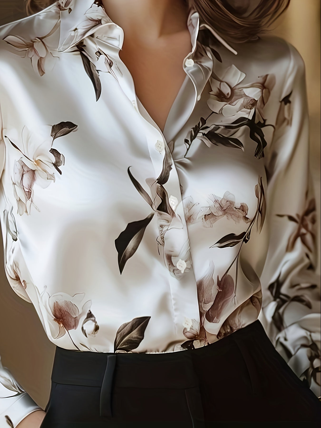 Graceful Women's Floral Print Blouse – Long Sleeve Button-Up with Classic Lapel Collar & Applique, Woven Polyester