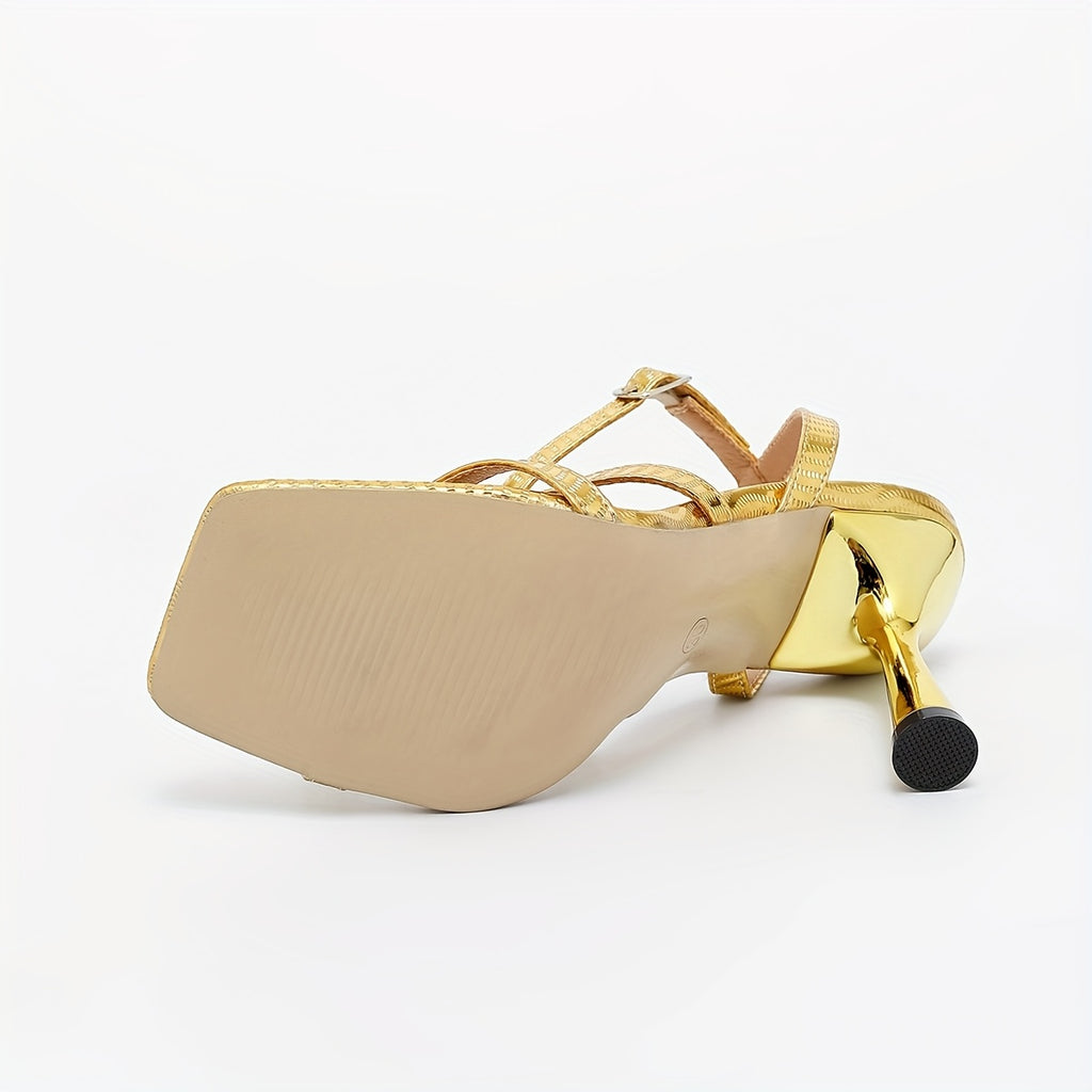 Gold Open-Toe Stiletto Sandals for Women - Ankle Strap Buckle High Heels, Man-Made Upper, Elegant