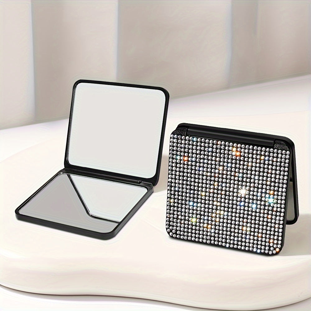 Sparkling Rhinestone Folding Compact Makeup Mirror - Dual-Sided Square Pocket Mirror for Purse & Handbag, Battery-Free