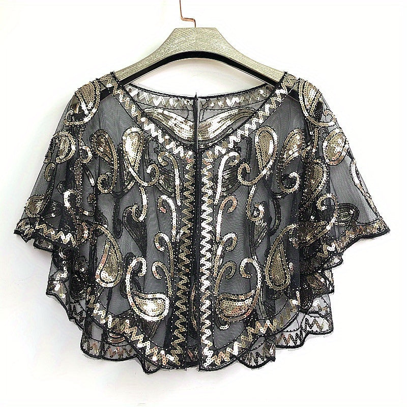 Beaded Sequin Shawl Short Mesh Capelet – Sparkle Party Wrap Cover-Up, 18 in (46 cm)