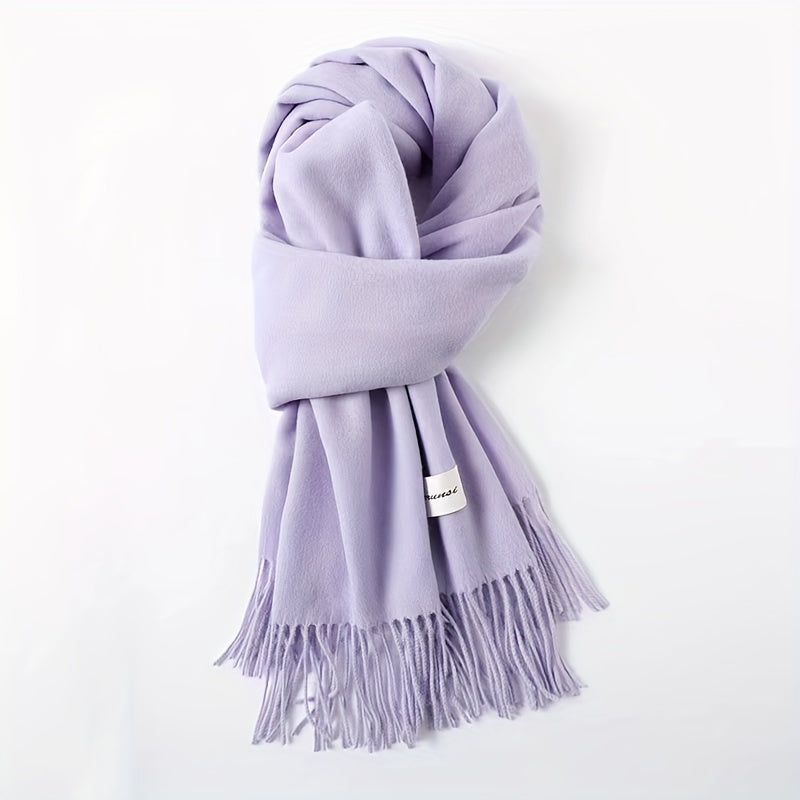 Solid Color Tassel Scarf with Fringe - Lightweight Polyester Shawl for Women