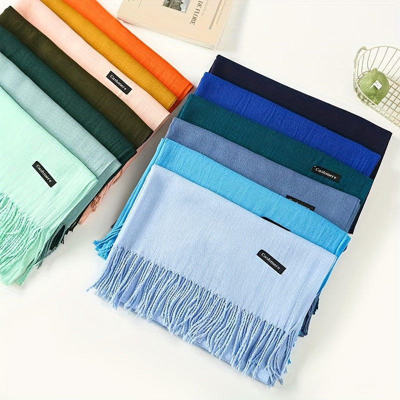 Unisex 100% Cashmere Scarf – Soft Tassel Shawl & Headscarf for Autumn & Winter, Neutral Solid Wrap