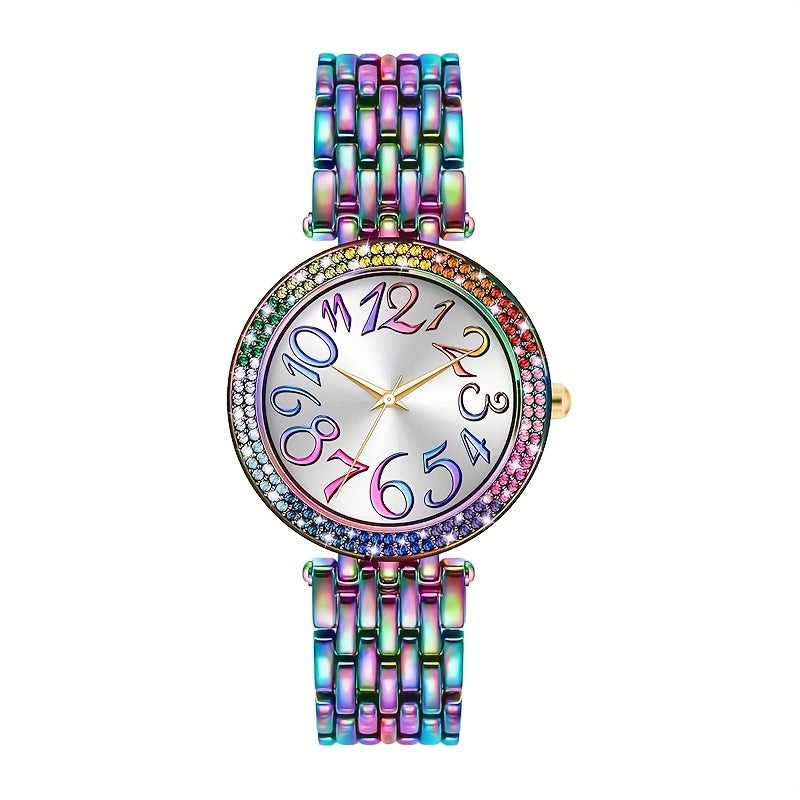 Women's Large-Dial Automatic Mechanical Watch – Iridescent Purple Dial, Gold Hands, 24-Hour Display, Stainless Steel Bracelet, Luxury Analog Wristwatch, Gift for Her