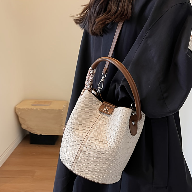 Women's Woven Bucket Handbag & Crossbody Bag - Detachable Strap, Gold-Tone Hardware, PU Leather Tote (Black, Beige, Green, Dark Brown)