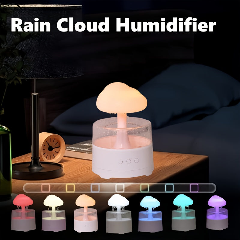 Rain Cloud Aroma Diffuser, 7-Color Mushroom Waterfall Humidifier with Night Light & Water Droplet Sound, USB Powered (White)