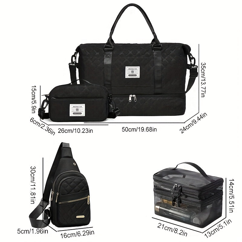 4-in-1 Travel Tote Bag Set – Large Capacity Travel & Gym Tote with Chest Bag, Makeup Pouch & Waist Pack – White, Black, Pink