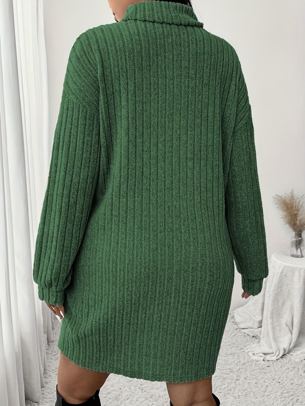 Plus Size High Neck Ribbed Knit Dress Long Sleeve Knee-Length Casual Winter Dress