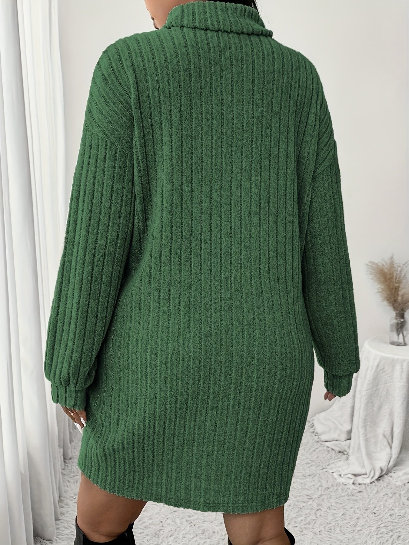 Plus Size High Neck Ribbed Knit Dress Long Sleeve Knee-Length Casual Winter Dress