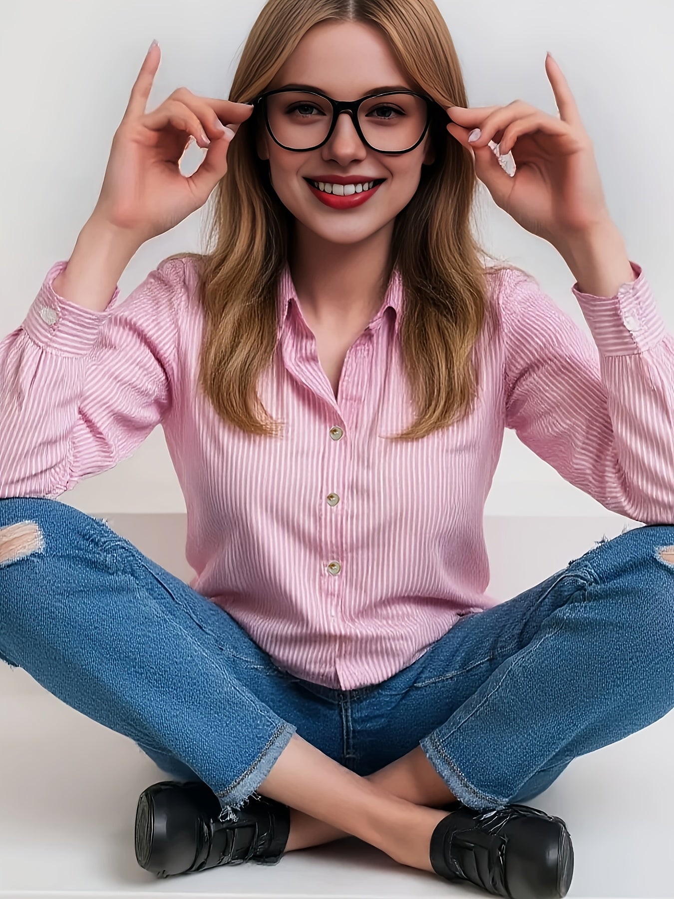 Elegant Blue Striped Lapel Shirt for Women – Versatile Button-Down, 100% Polyester