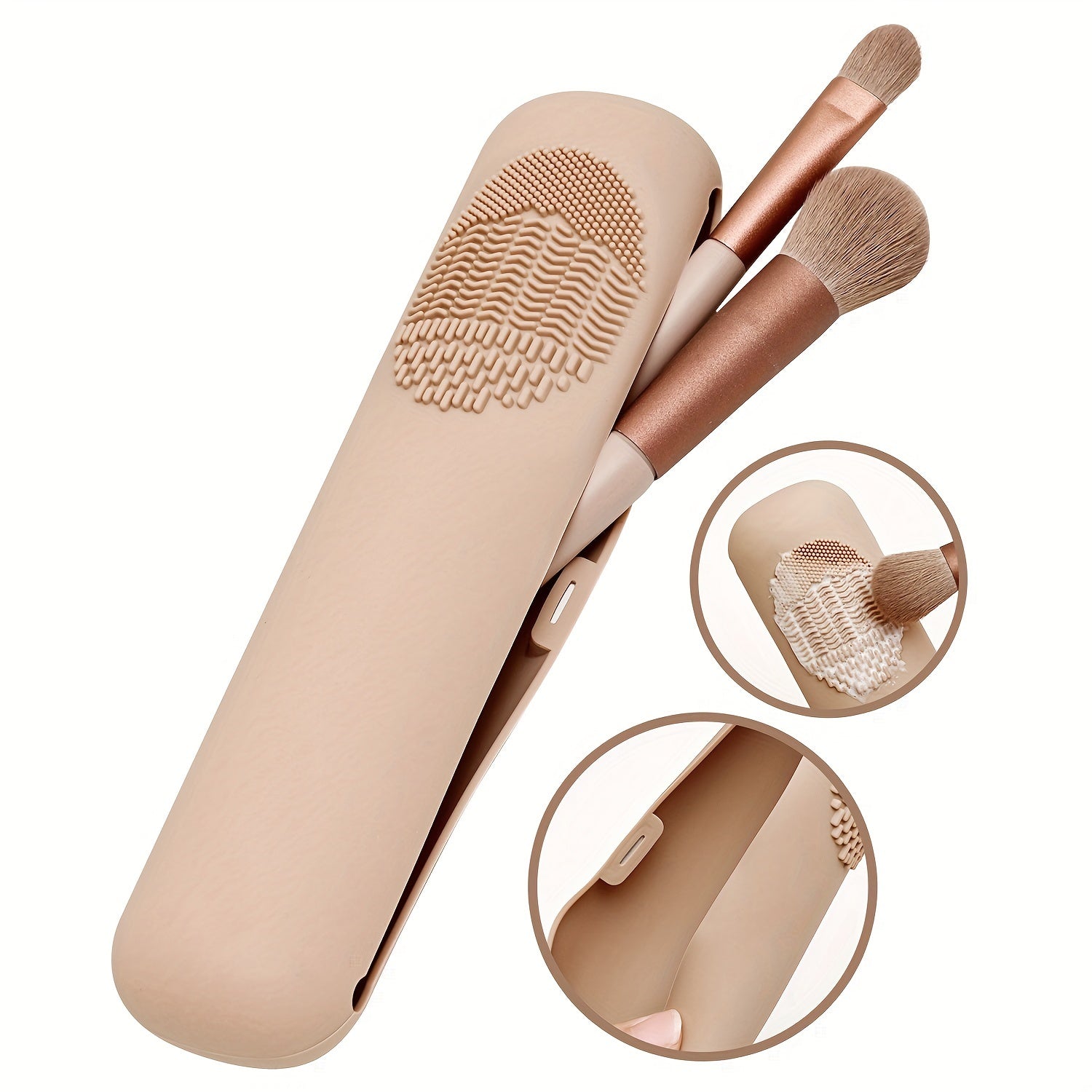 Beige Silicone Travel Makeup Brush Holder - Magnetic Closure, Anti-Fall Portable Makeup Brush Organizer