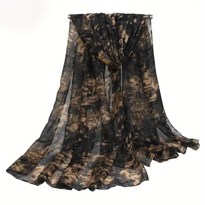 Vintage Paisley Ombre Scarf – Long 180 x 70 cm (70.85 x 27.5 in) Polyester Shawl for Women, Brown-to-Blue Geometric Floral Print