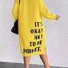 Plus Size Navy Oversized Sweaterdress - Midi A-Line Pullover with 'It's Okay Not to Be Perfect' Print, Medium Stretch, Machine Washable
