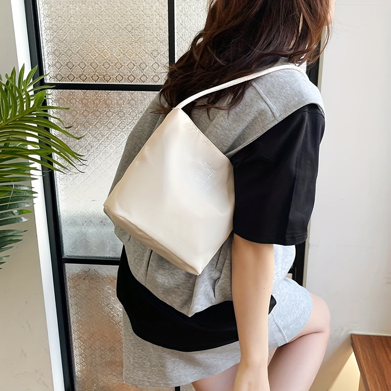 Women's Nylon Underarm Crossbody Bucket Bag – Embroidered Single Shoulder Handbag (Black, White)
