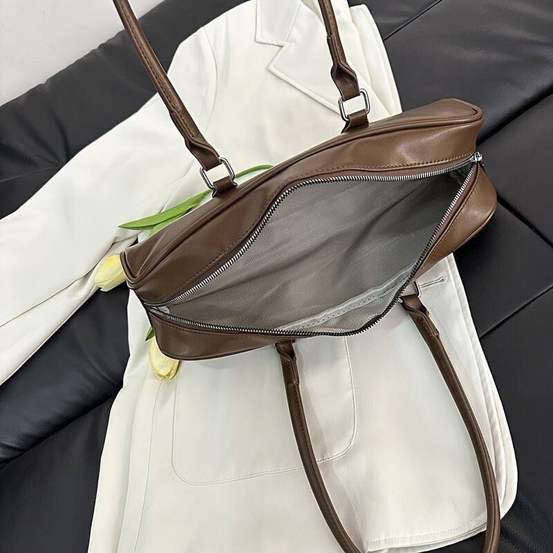 Vintage-Inspired Extra-Long Baguette Handbag for Women - Brown PU Two-Handle Zipper Tote