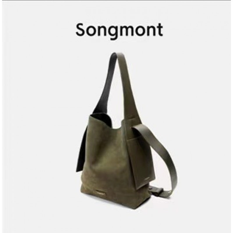 Genuine Leather Crossbody Bucket Bag - Olive Green & Caramel Tan Suede Lining, Ear-Hook Buckle, Single Shoulder Strap