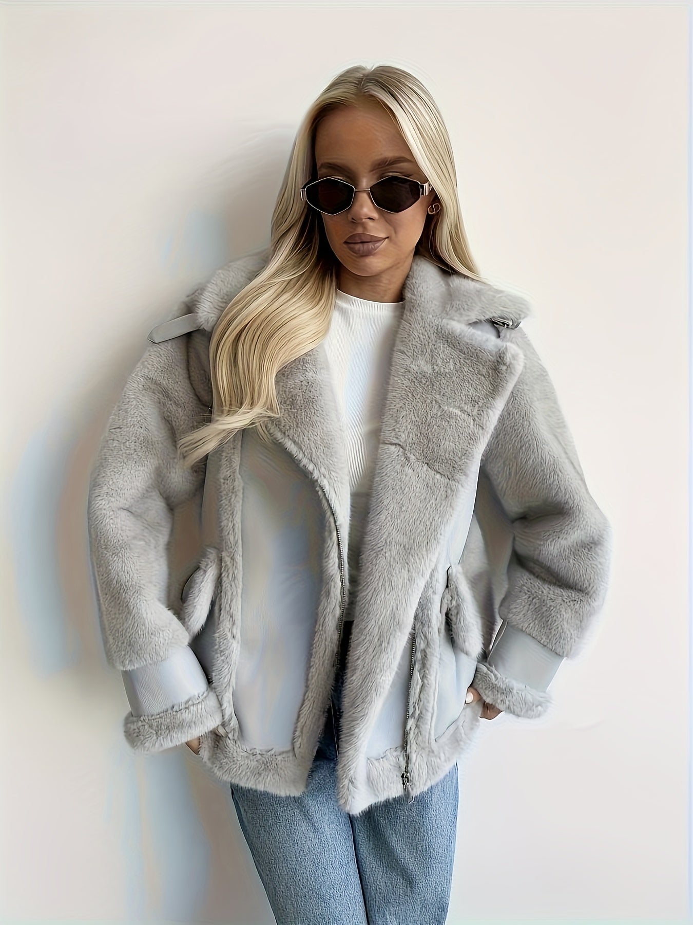 Women's Black Faux Fur Motorcycle Jacket - Zipper Front, Button Cuffs, Casual Fall & Winter Coat