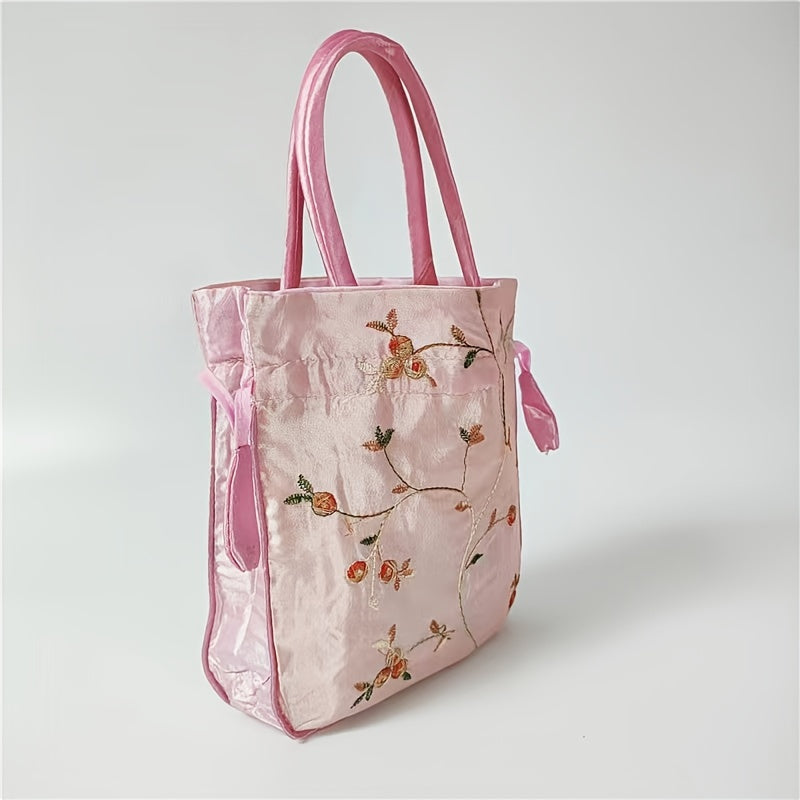 Elegant Floral Embroidered Drawstring Clutch – Cute Bucket Purse with Polyester Lining for Coins & Phone (Multiple Colors)