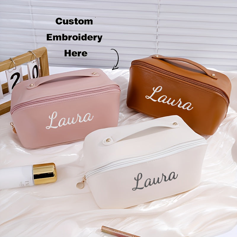Embroidered Personalized Large Capacity Makeup Bag - Travel Toiletry Organizer with Zipper & Top Handle (Black, Brown, Pink)