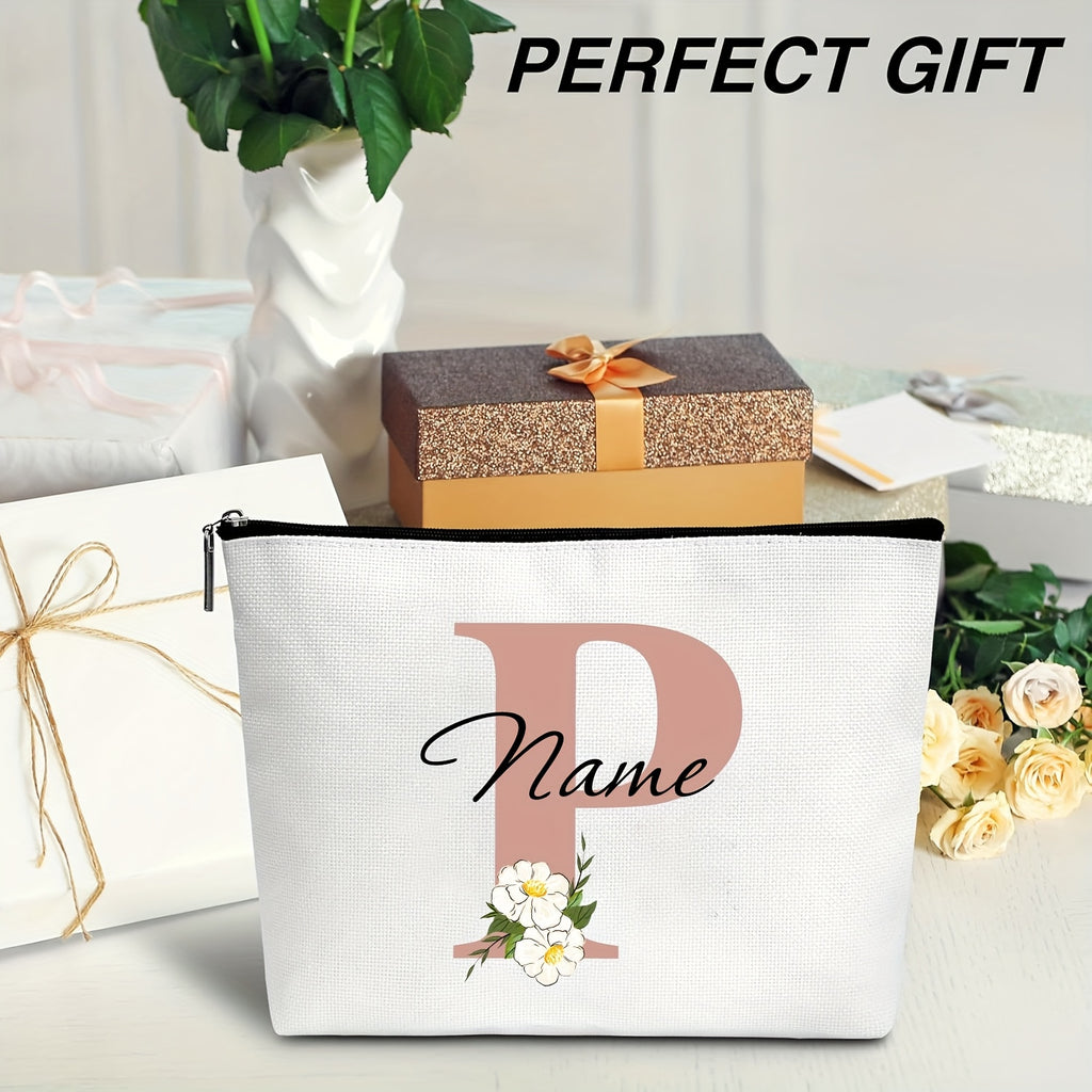 Customizable Floral Makeup Bag - Foldable Polyester Cosmetic Pouch for Travel, Zippered Toiletry Organizer, Machine Washable, Ideal Bachelorette Gift