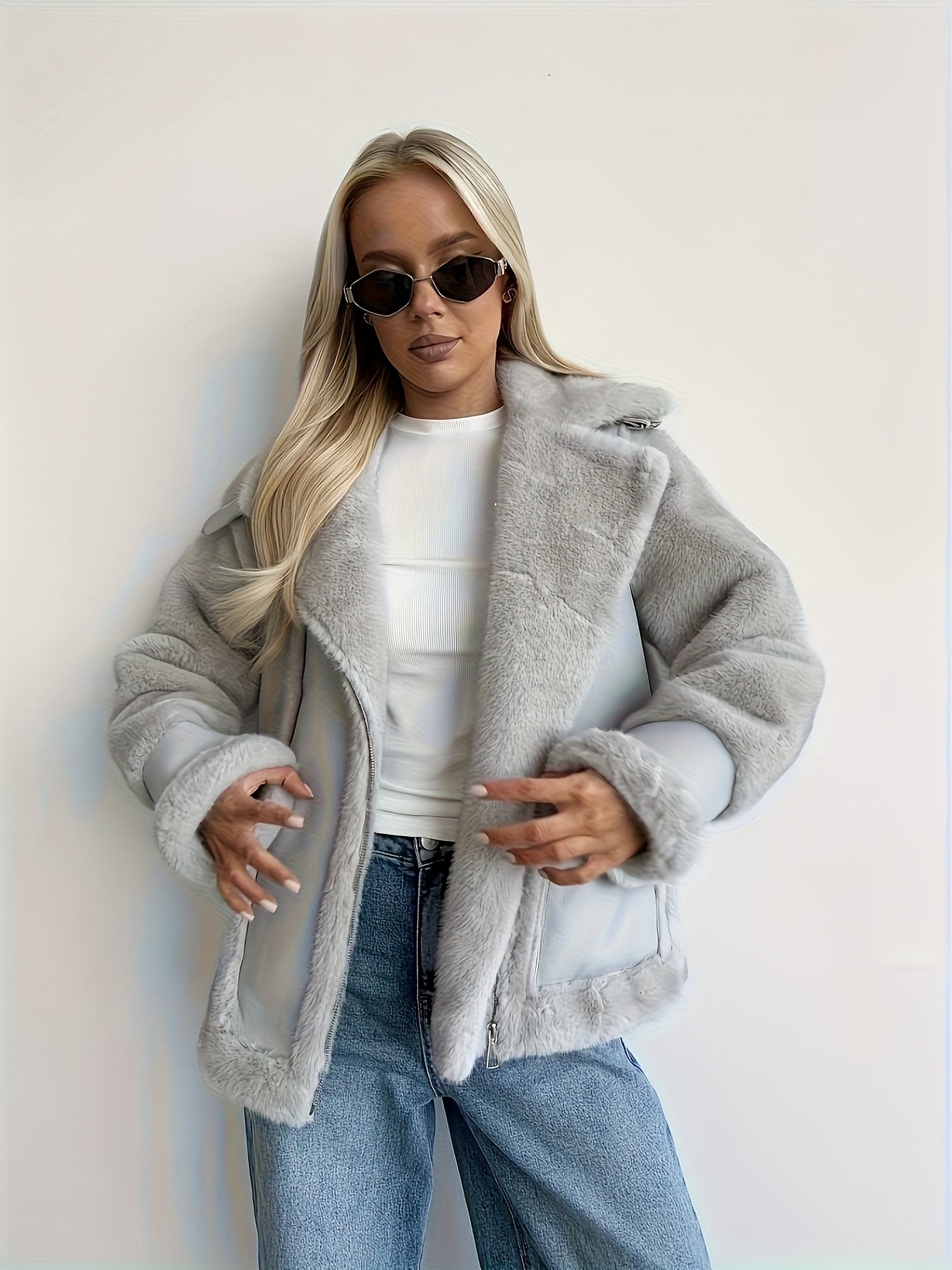 Women's Black Faux Fur Motorcycle Jacket - Zipper Front, Button Cuffs, Casual Fall & Winter Coat