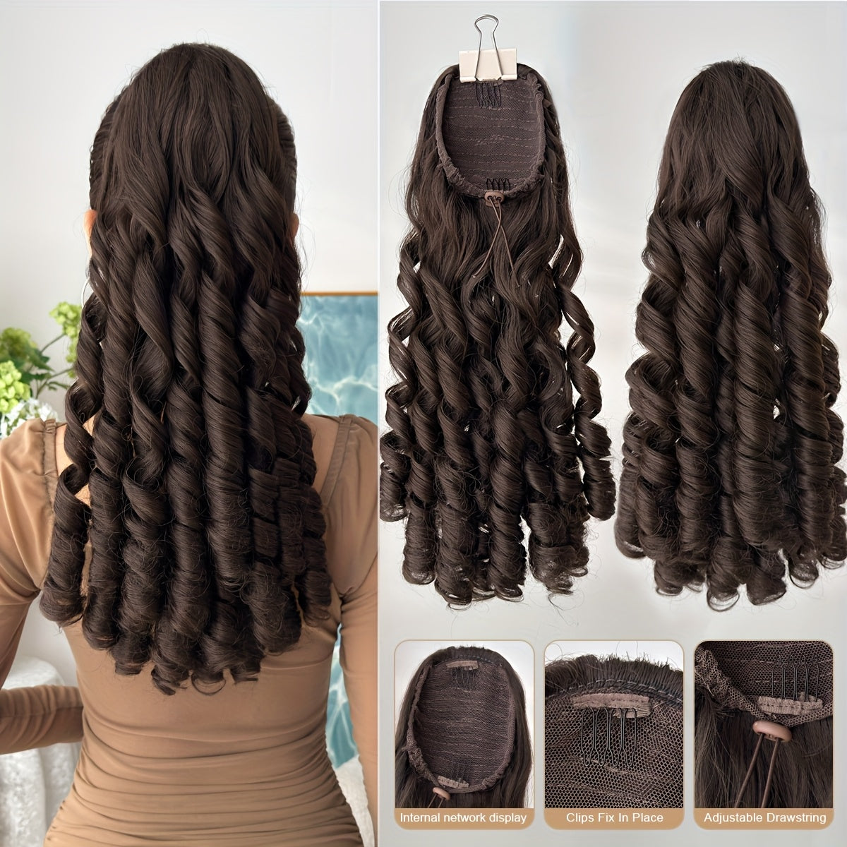 20" (50 cm) Deep Wave Drawstring Ponytail Extension – Clip-In Synthetic Hair in Burgundy, Red, Black, Brown, Blonde