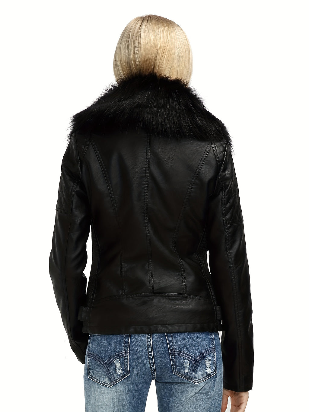 Women's Faux Leather Jacket with Removable Faux Fur Collar, Knit Panels, Zipper Front, Polyester Lined for Fall Winter