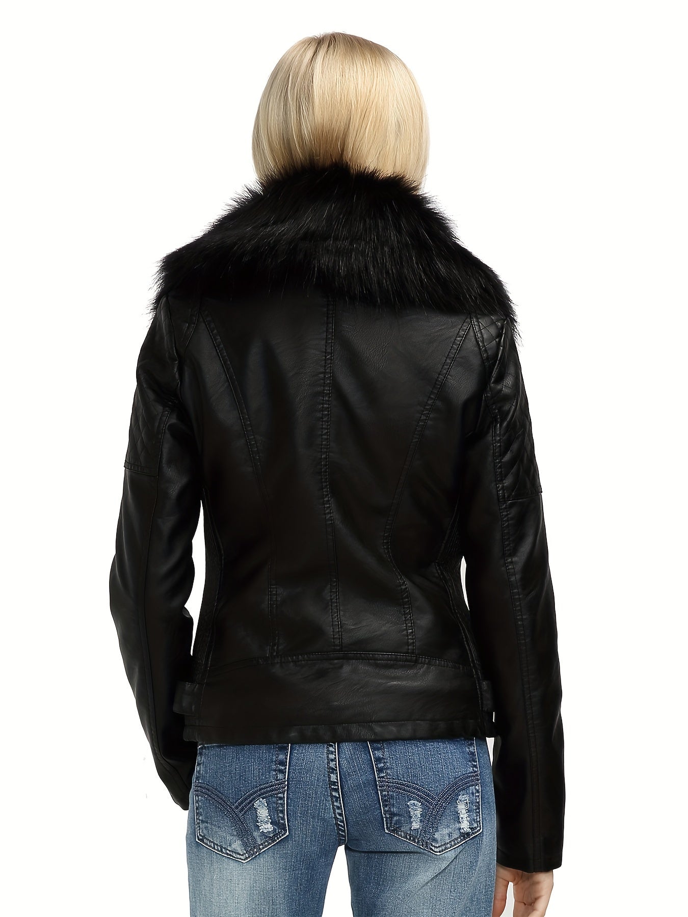 Women's Faux Leather Jacket with Removable Faux Fur Collar, Knit Panels, Zipper Front, Polyester Lined for Fall Winter