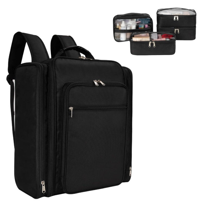 Extra-Large Makeup Artist Travel Backpack – Black Durable Polyester Cosmetic Organizer with 4 Removable Pouches & Multiple Compartments