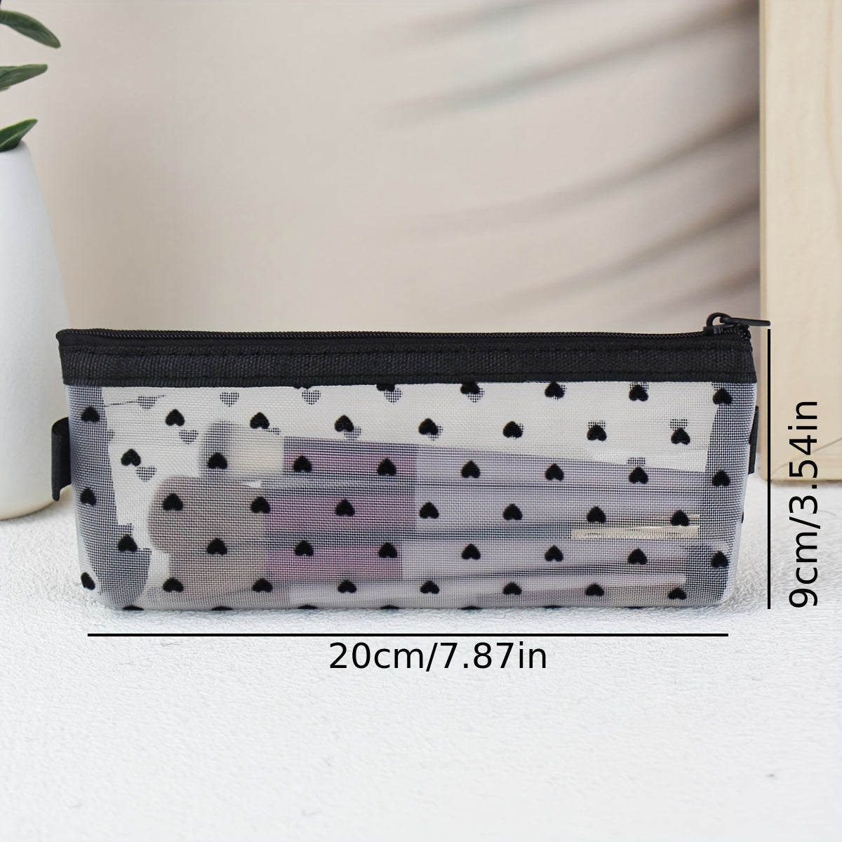 Heart Mesh Cosmetic Bag – Clear Travel Makeup Brush Organizer & Lipstick Pouch