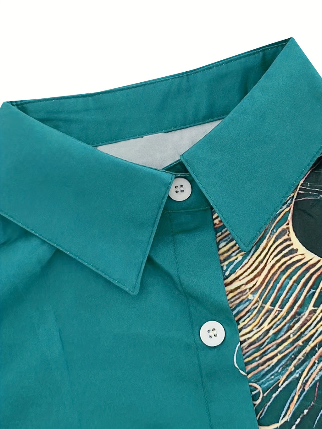 Women's Peacock Print Button-Front Blouse - Turquoise with Gold Buttons, Lapel Collar, All-Season Office & Party Top