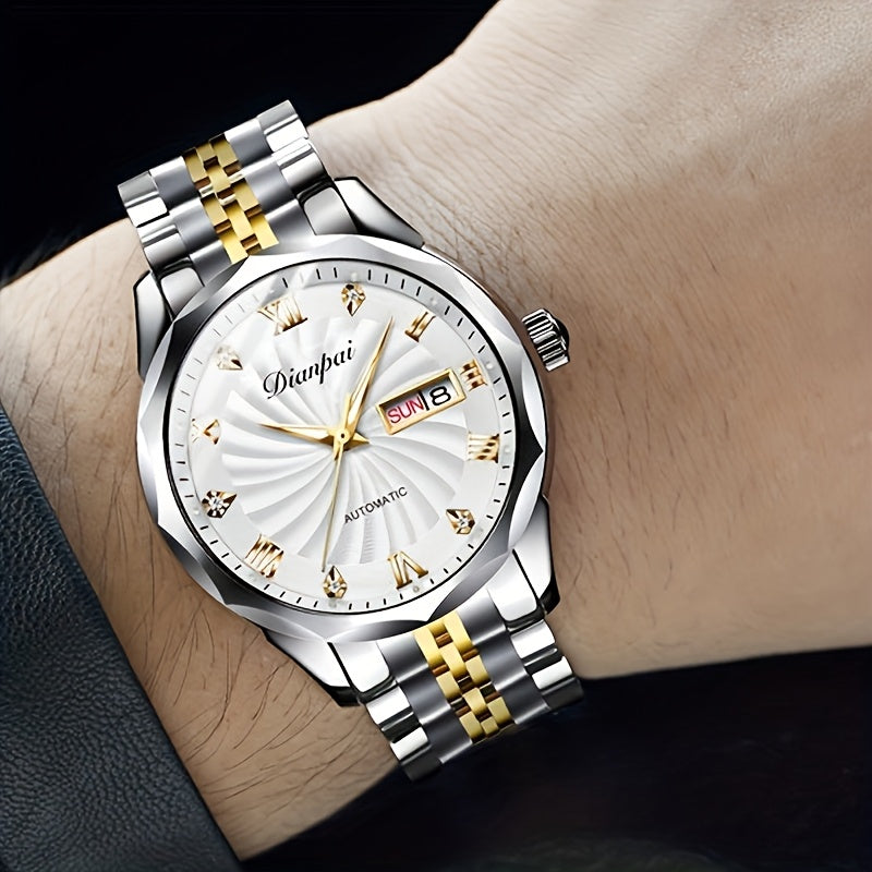 Dianpai Women's Automatic Mechanical Watch — Calendar & Week Display, Luminous Night Glow, Rhinestone Accents, Stainless Steel Bracelet, White Dial with Gold Markers