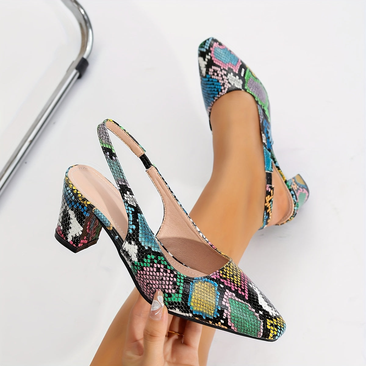 Women's Snakeskin Ankle-Strap Block Heel Square Toe Slip-On Sandals