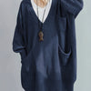 Plus Size Women's Oversized V-Neck Longline Sweater - Soft Ribbed Viscose Knit, Machine-Washable Black Pullover for Fall/Winter