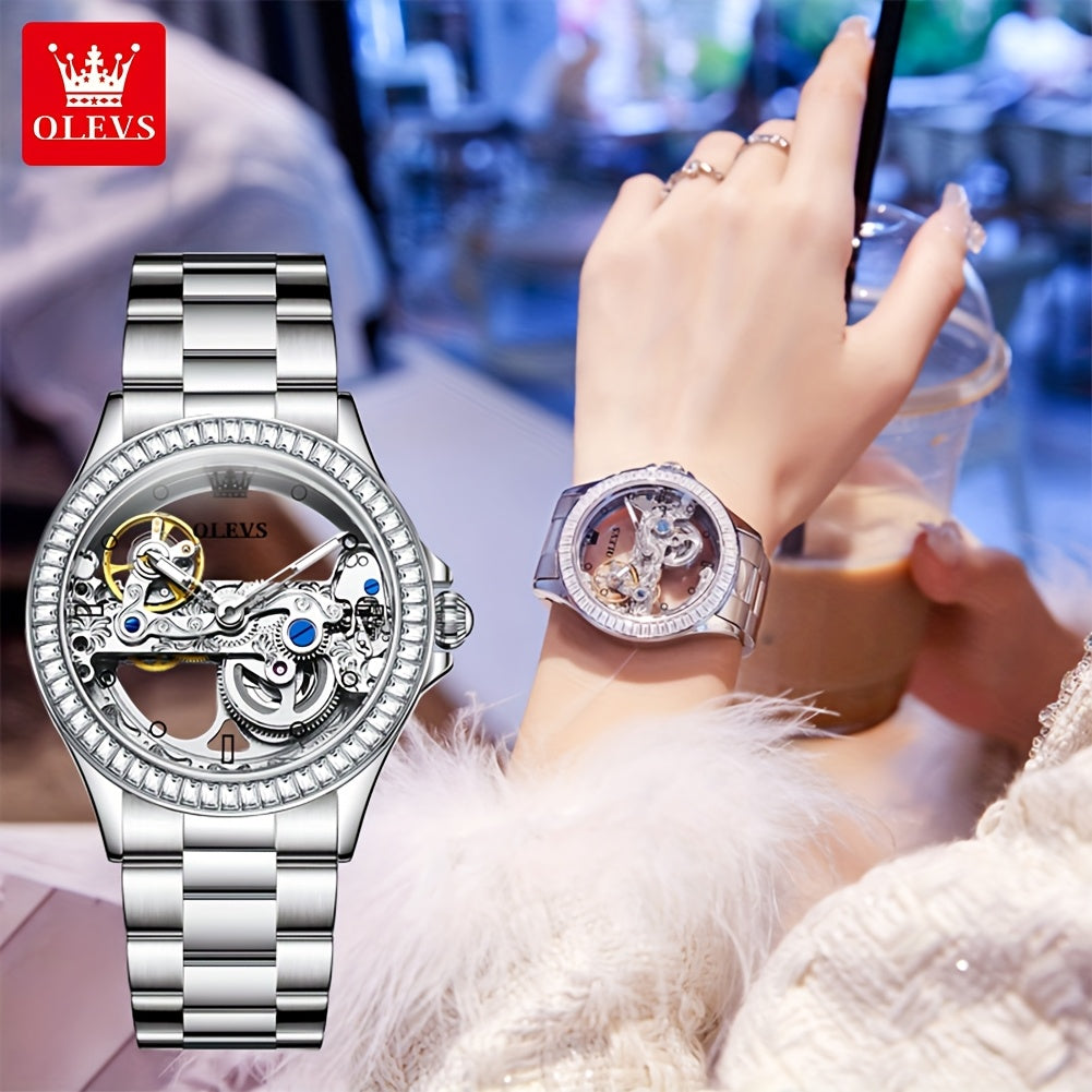 OLEVS Women's Luxury Automatic Skeleton Mechanical Watch – Stainless Steel Case, Faux Leather Strap, Luminescent Hands