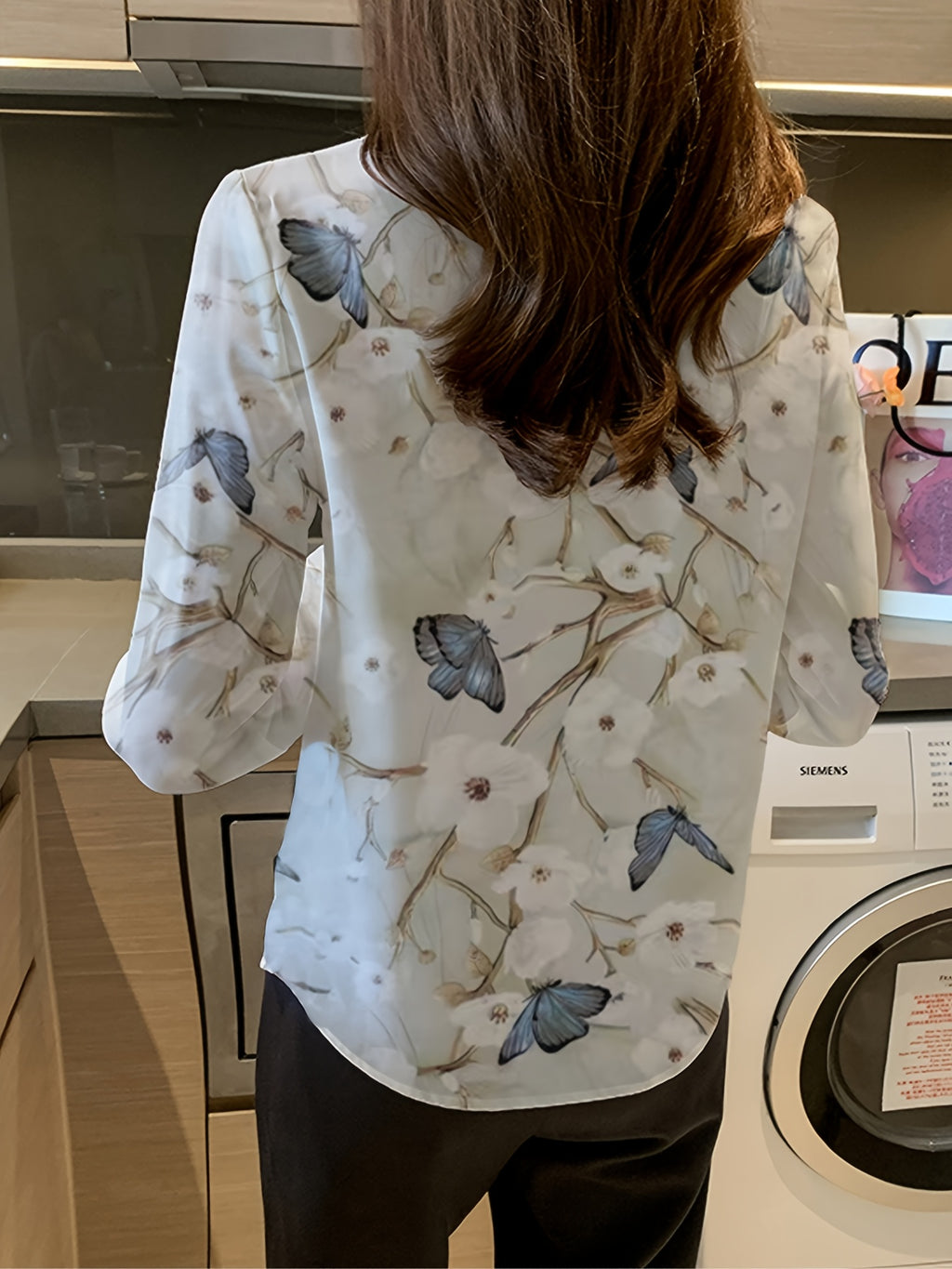 Women's Floral and Butterfly Print Long Sleeve Polo Blouse - Turnover Lapel Collar Single-Breasted Casual Top for Spring/Fall