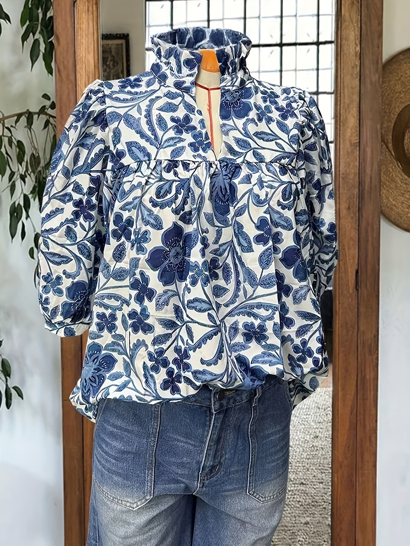 Women's Elegant Floral Short Sleeve Blouse - Stand Collar Lightweight Polyester Top for Spring/Summer/Fall