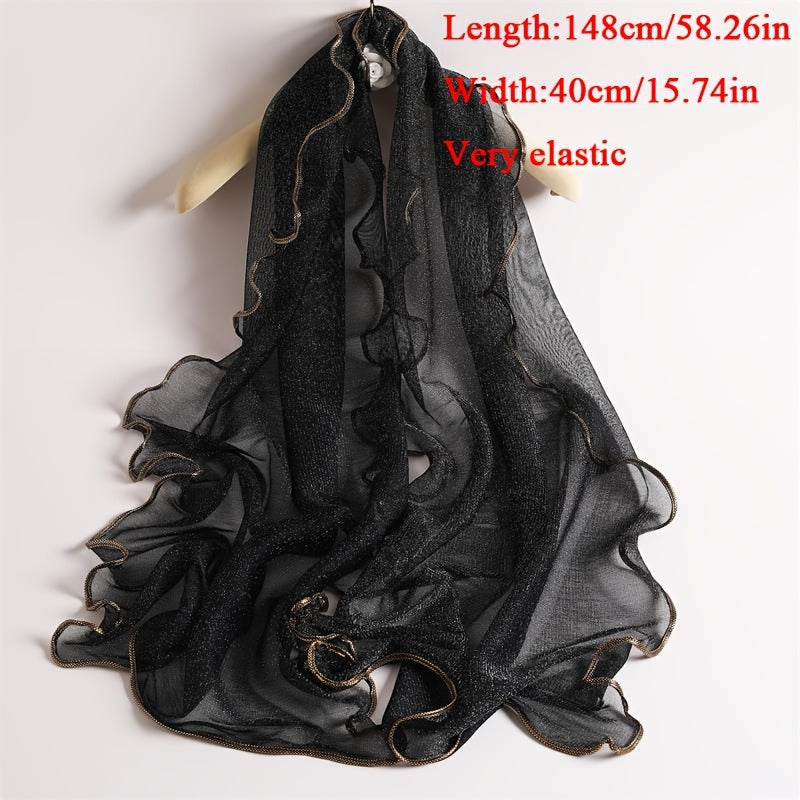 Bohemian Ruffle Edge Scarf — Long Lightweight Breathable Shawl with Glitter Accents, Sun Protection Wrap for Women