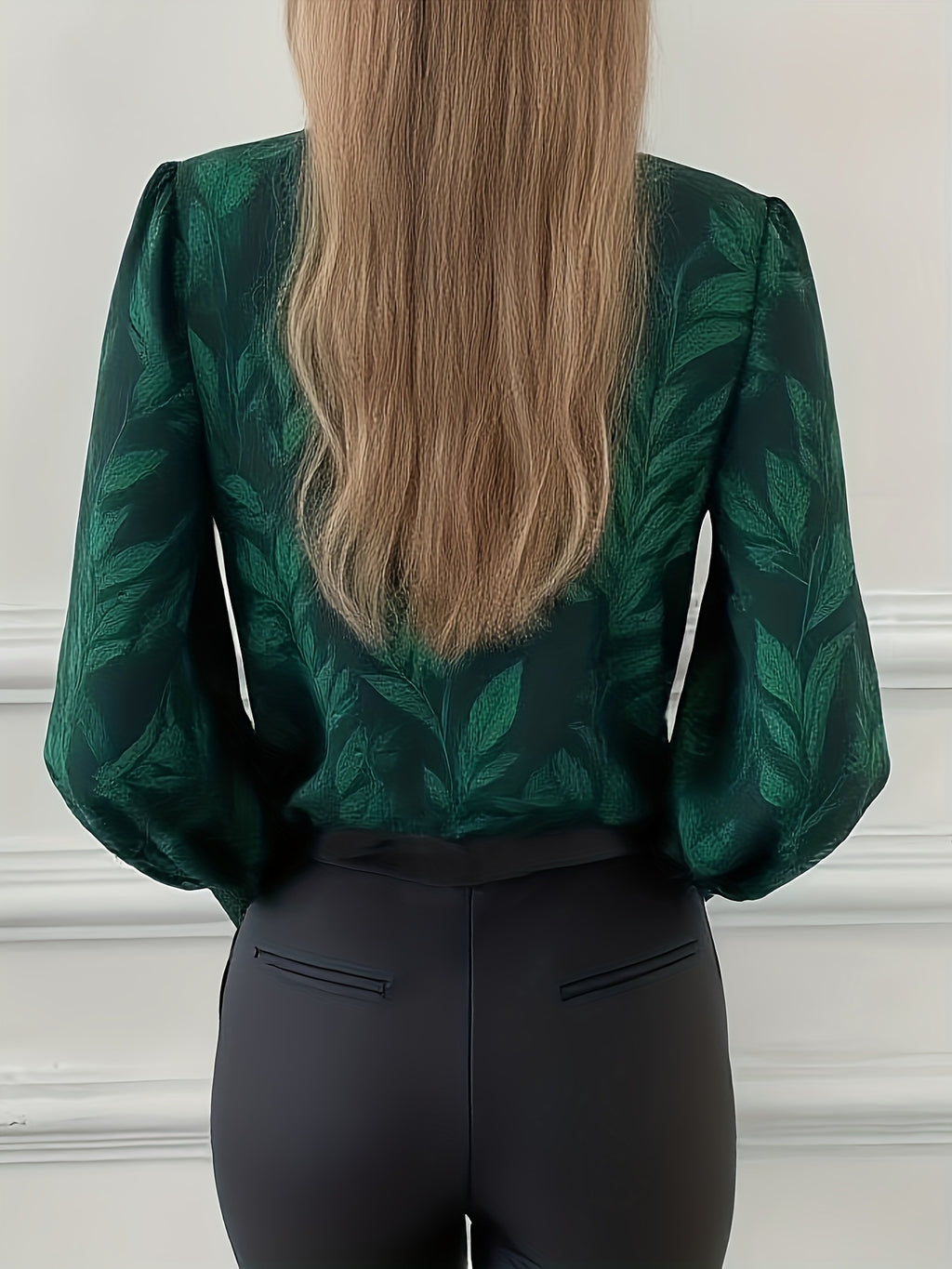 Women's V-Neck Long Sleeve Leaf Print Smock Blouse - Wrinkle-Resistant Button-Front Tunic for Spring & Fall Office, Wedding, Party