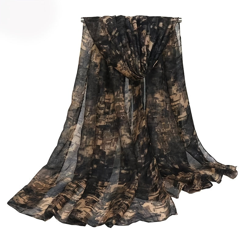 Vintage Paisley Ombre Scarf – Long 180 x 70 cm (70.85 x 27.5 in) Polyester Shawl for Women, Brown-to-Blue Geometric Floral Print