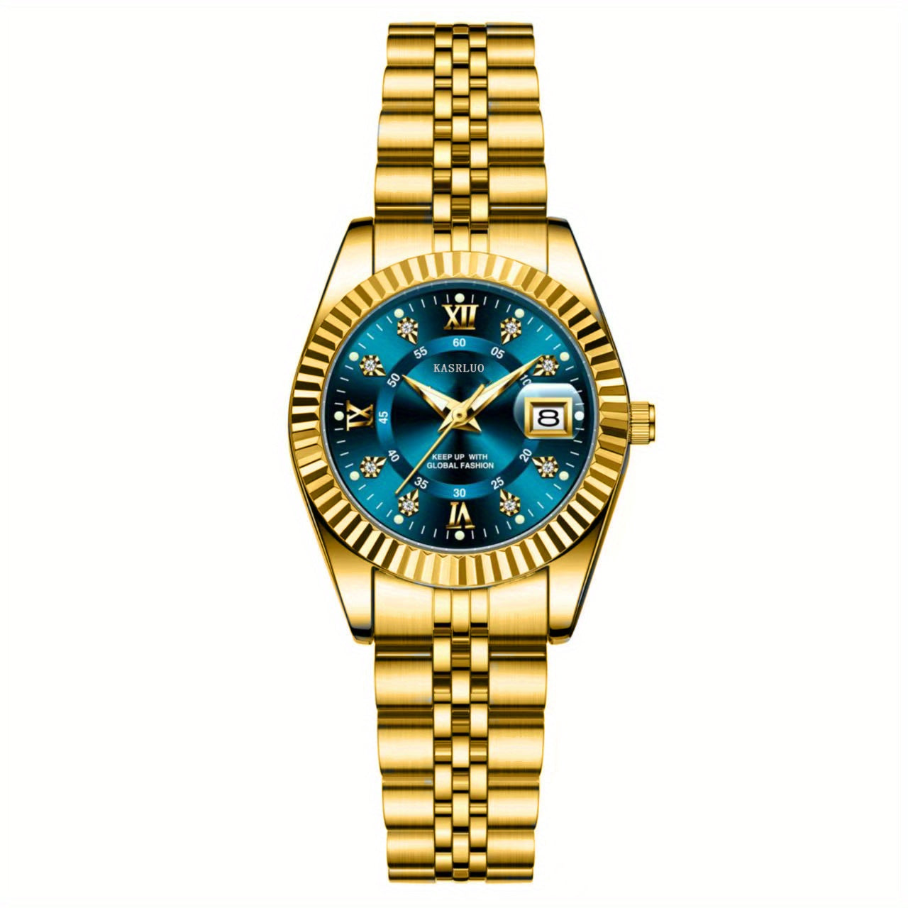 Elegant Women's Mechanical Watch - Gold Stainless Steel Band, Blue Dial, Boho World-Time Wristwatch, Ideal Gift