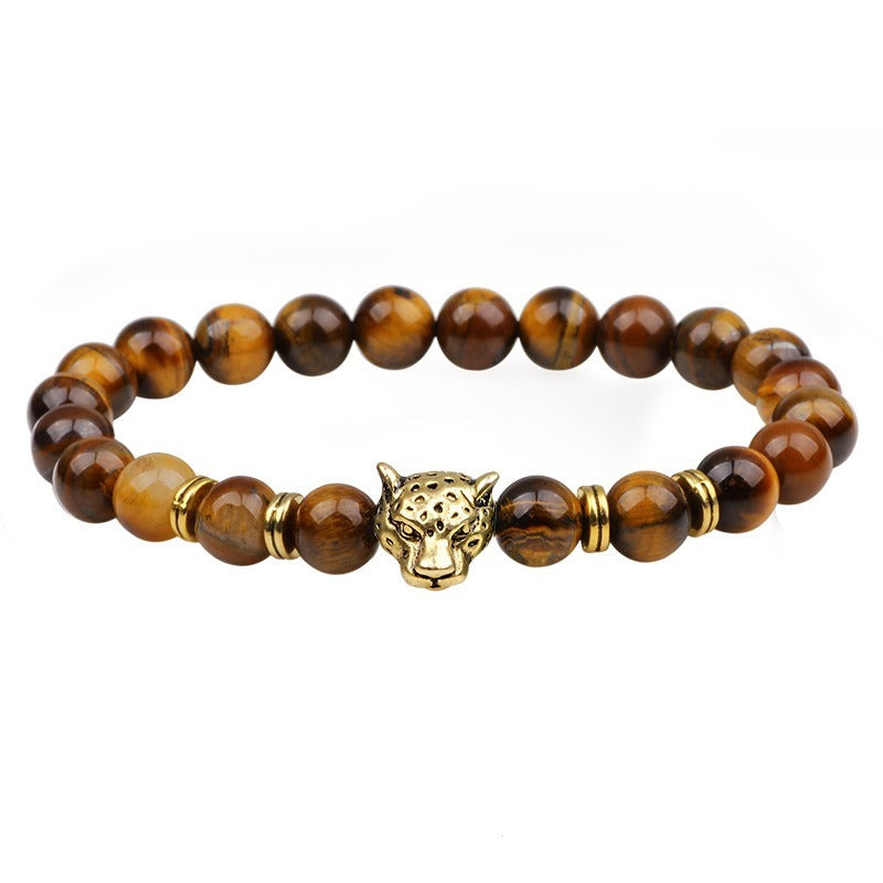 Bohemian Tiger's Eye Beaded Bracelet with Leopard Head Charm — Brown November Birthstone Bracelet, Alloy Animal Charm for Everyday & Vacation