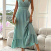 Navy Deep V A-Line Maxi Dress with Flutter Ruffle Sleeves & Elastic Waist — Elegant Vintage Women's Dress
