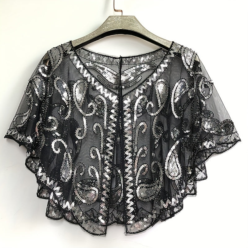 Beaded Sequin Shawl Short Mesh Capelet – Sparkle Party Wrap Cover-Up, 18 in (46 cm)